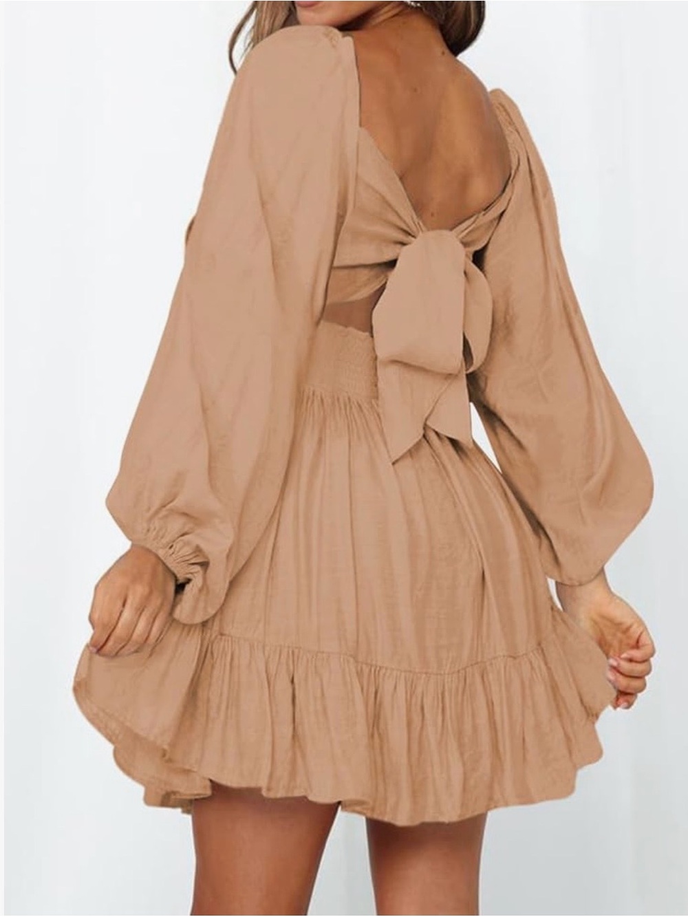 Dokotoo Smocked Empire Waist Long Sleeve open back Mini Dress — Tan - Picture 2 of 8